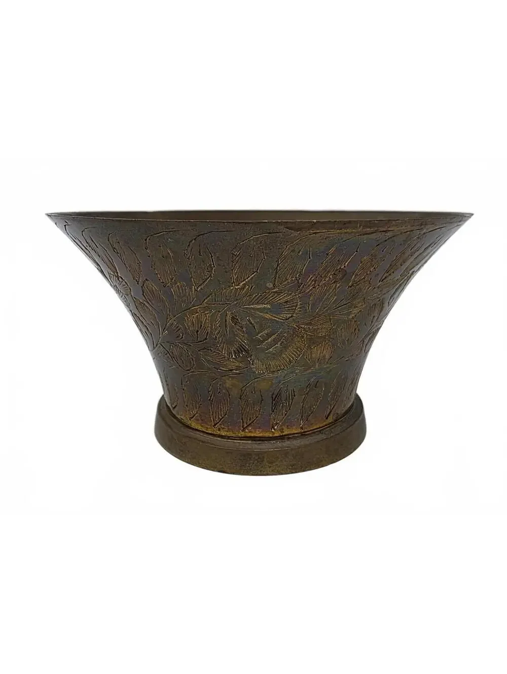 Vintage Indian Brass Pedestal Bowl Hand Engraved Floral Catchall 4.25 Inch